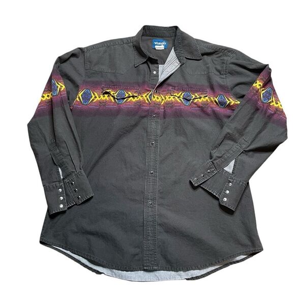 Vintage 90s Wrangler Western Button Down Shirt Aztec Black Size XXL - Picture 1 of 8
